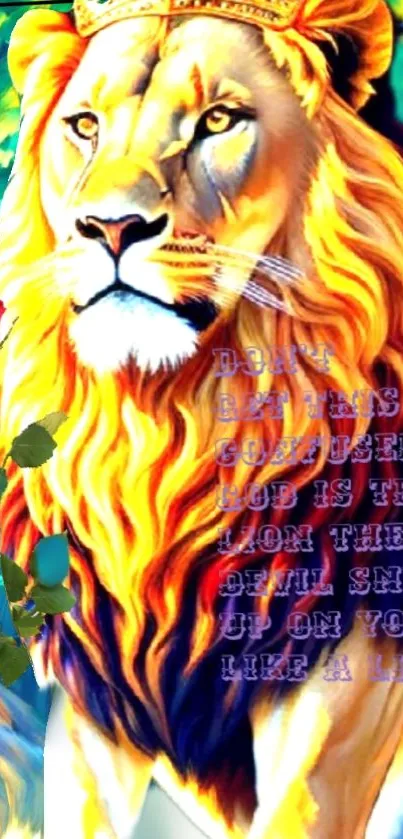 Vibrant lion with crown in forest with inspiring text overlay.