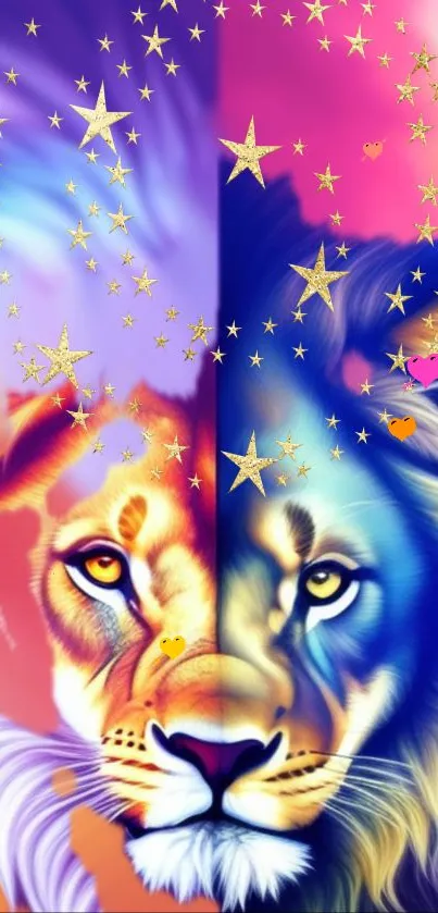 Colorful lion mobile wallpaper with stars and vibrant hues.