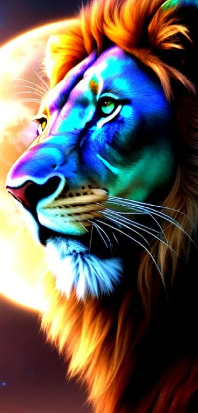 Vibrant artwork of a lion in moonlight with colorful hues.