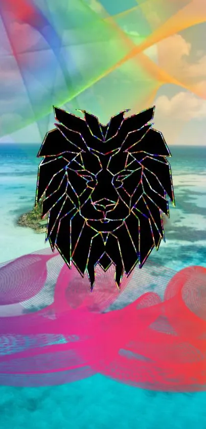 Artistic lion design with a vibrant ocean and colorful waves background.