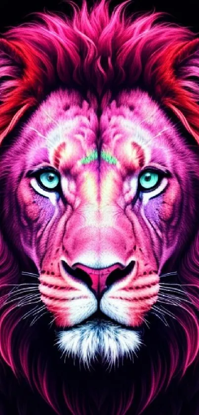 Vivid digital art of a pink lion on a dark background for mobile wallpaper.