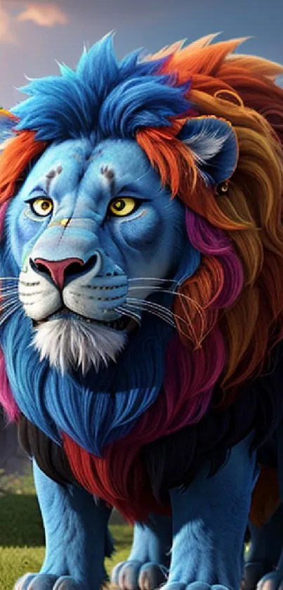 Colorful lion with a rainbow mane in a garden setting.