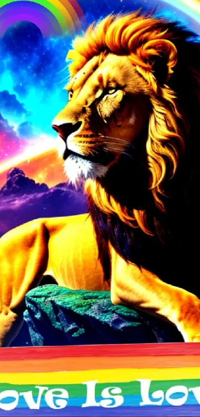 Lion with rainbow background and 'Love Is Love' text.