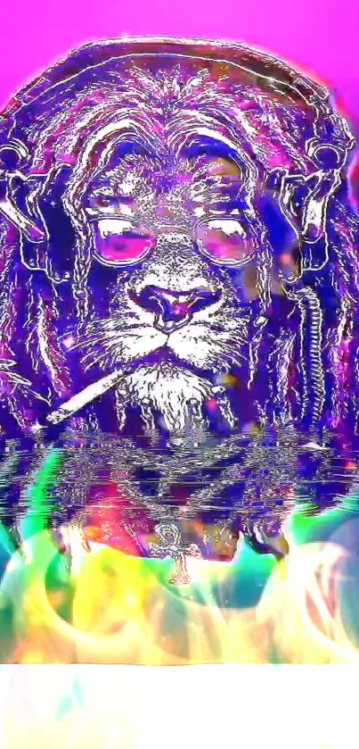 Vibrant psychedelic lion reflecting in colorful water.