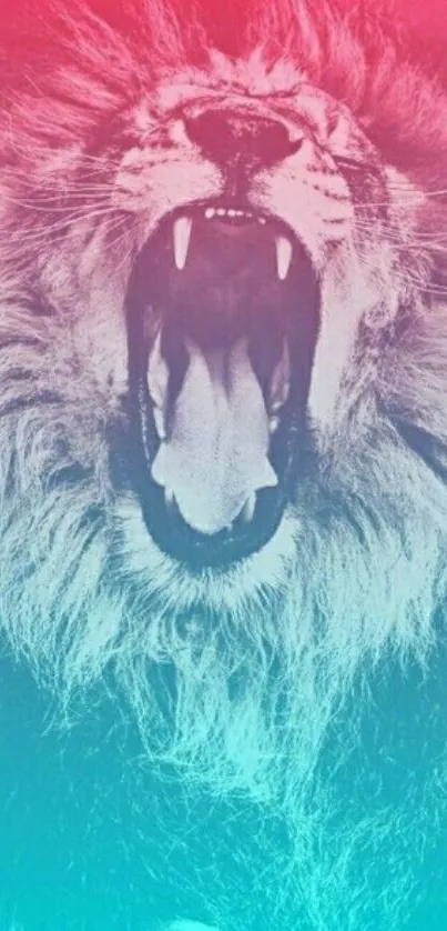 Roaring lion with pink and blue gradient background.