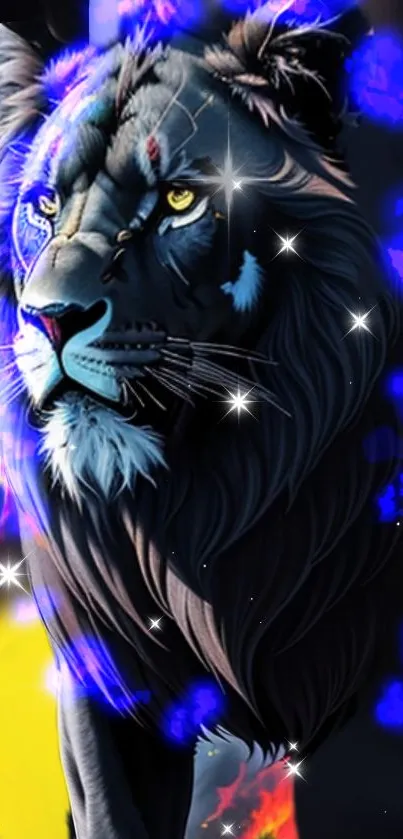 Majestic lion with vibrant colors and sparkling accents on a dark background.