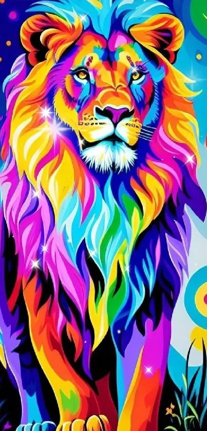 Colorful and psychedelic lion art wallpaper with vibrant rainbow hues.