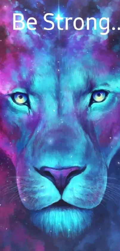 Vibrant blue lion with galaxy background.