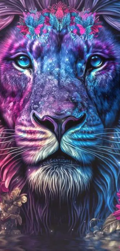 Colorful lion with flowers art wallpaper in vibrant hues.