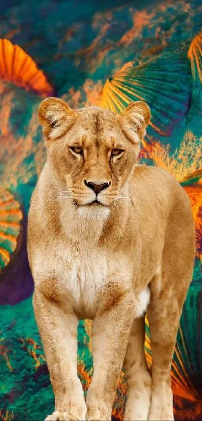 Vibrant lioness with colorful abstract background.