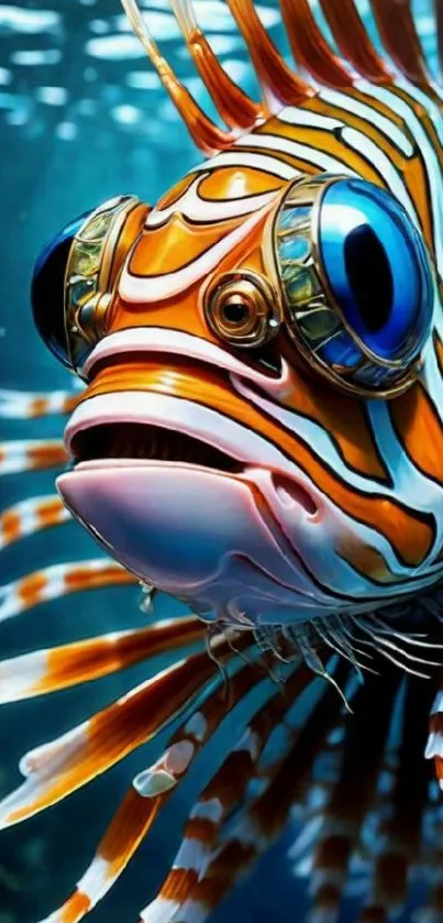 Colorful lionfish swimming underwater with striking stripes and vibrant eyes.