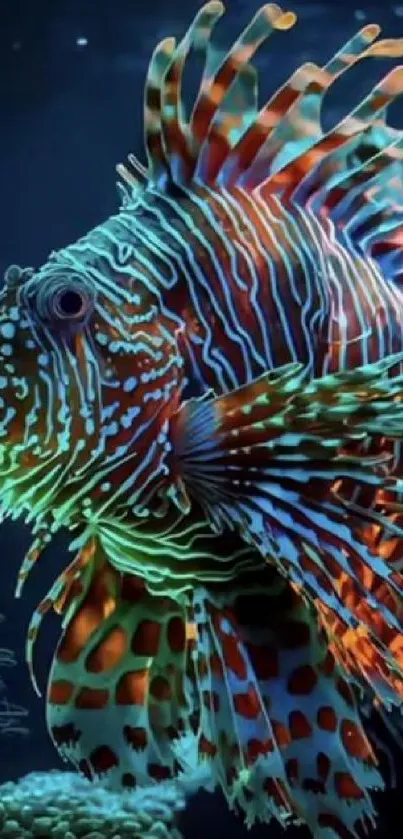 Vibrant and colorful lionfish in underwater scene with coral.