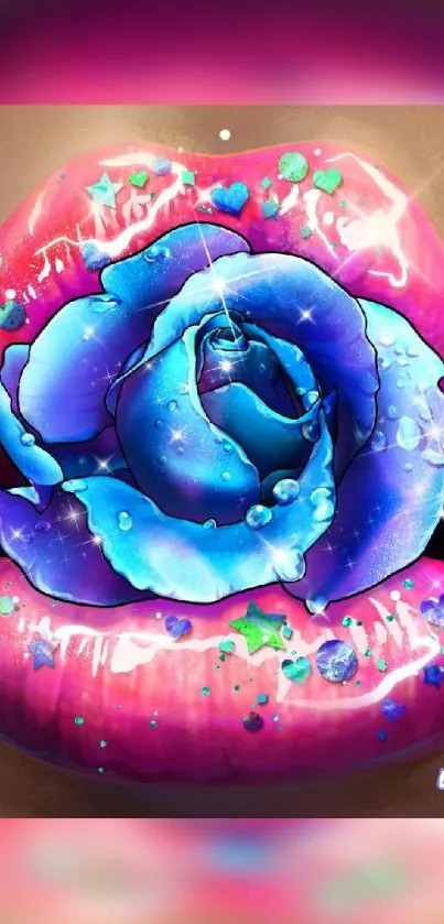 Vibrant lip with blue rose art on mobile wallpaper.