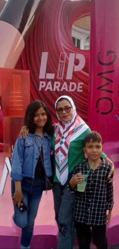 Family at a vibrant lip parade event.