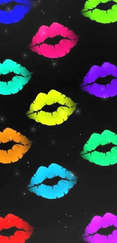 Vibrant lip pattern wallpaper with colorful lips on a black background.