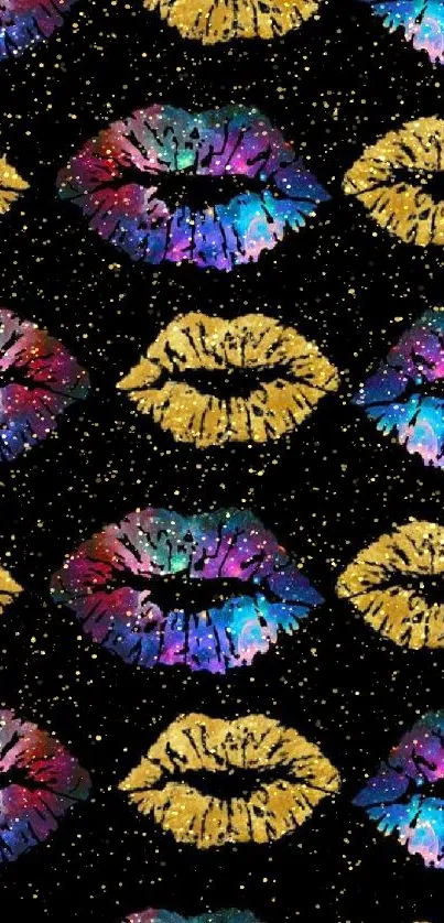 Colorful lips pattern on a black background, vibrant and bold wallpaper design.