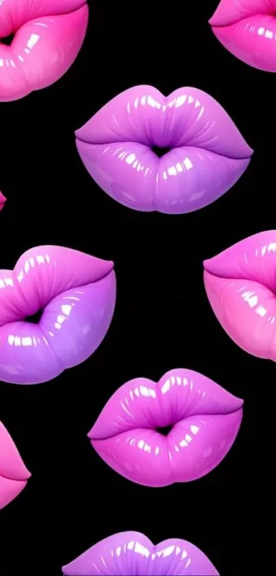 Glossy pink and purple lips pattern on black background.
