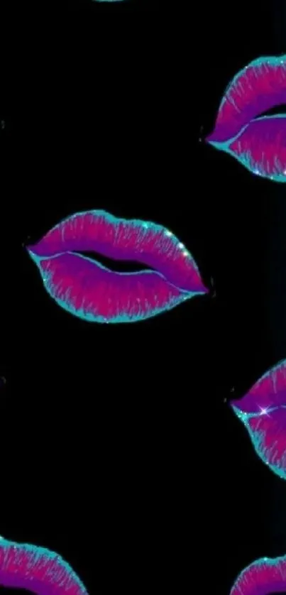 Vibrant neon pink lips on black wallpaper.