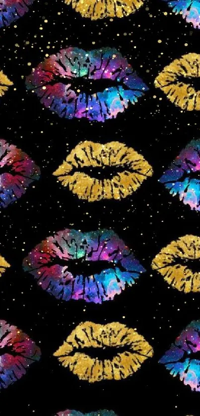 Vibrant multicolored lip prints on a black background wallpaper.