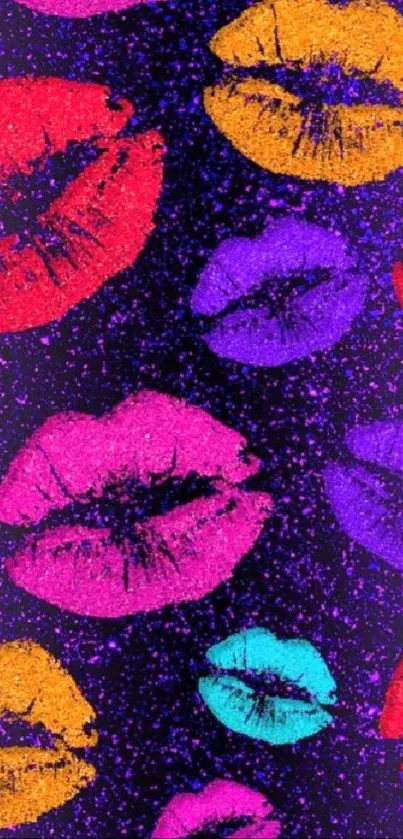 Vibrant pop art wallpaper with colorful lips on a purple background.