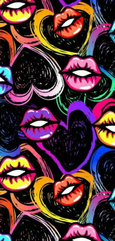 Colorful wallpaper with vibrant lips and heart designs.