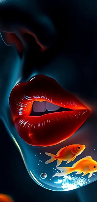 Surreal wallpaper with vibrant lips and goldfish.