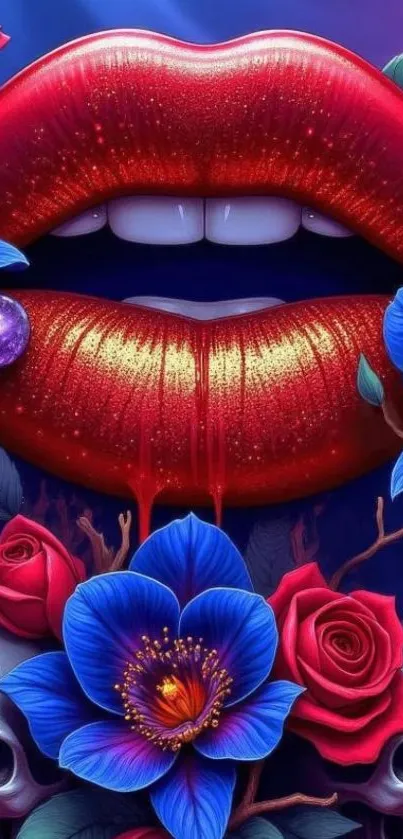 Vibrant artistic wallpaper of red lips with blue and red flowers.