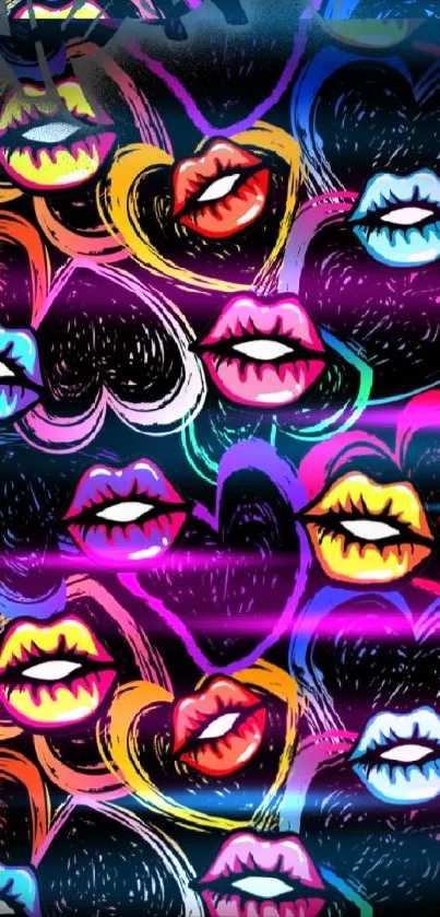 Stylish mobile wallpaper with colorful lips and hearts design.