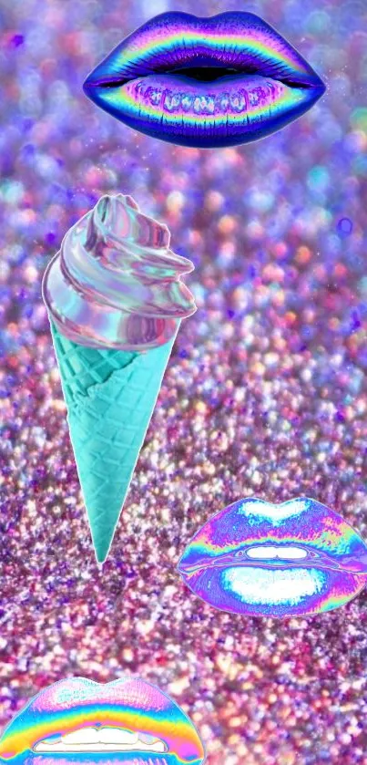 Holographic lips and ice cream on purple glitter background wallpaper.