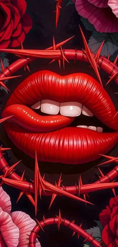Wallpaper of vibrant red lips with thorny roses.