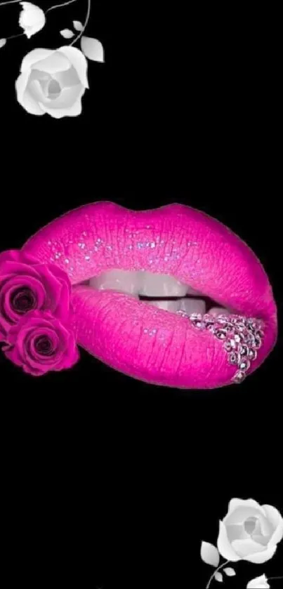 Vibrant pink lips with flowers on black background.