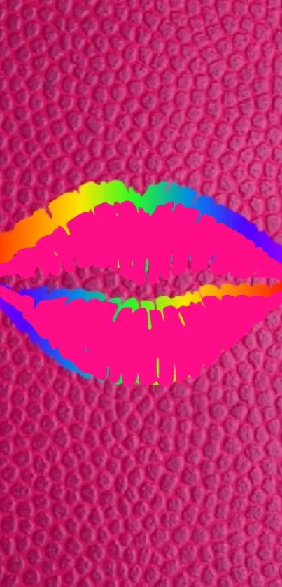 Colorful rainbow lips on pink textured background.