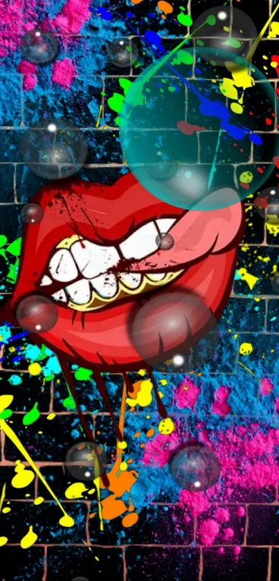 Colorful lips on a graffiti background with vibrant paint splashes.