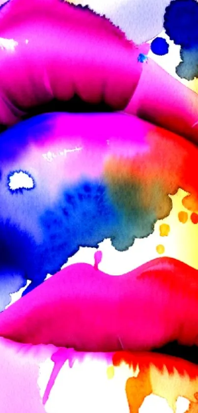 Vibrant watercolor lips art on a colorful mobile wallpaper.