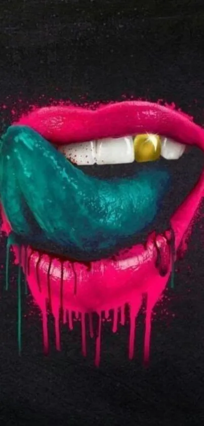 Bright pink lips with blue tongue on dark backdrop.