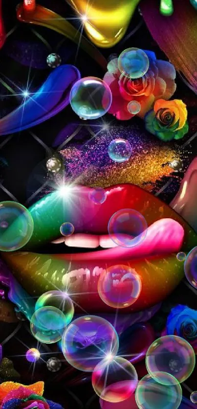 Colorful lips with vibrant rainbow effect and abstract art elements.