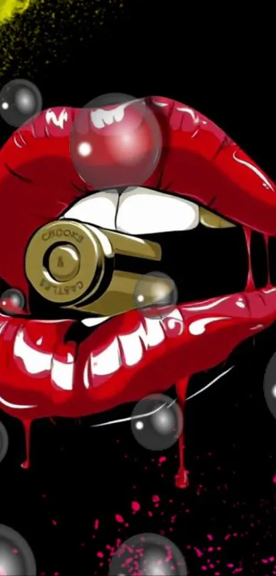 Artistic wallpaper with red lips and bullet, vibrant yet edgy design.