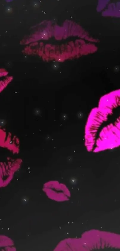 Stylish wallpaper with pink lips pattern on black background.