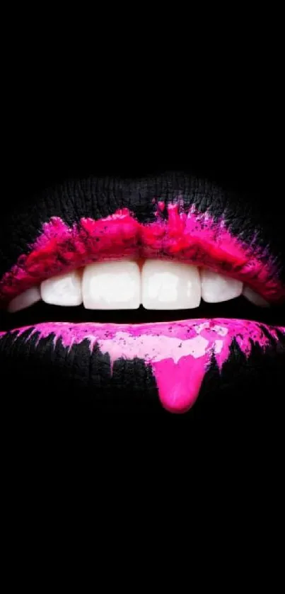 Bold black background with vibrant pink lips.