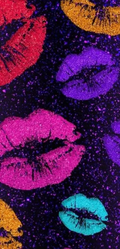 Colorful neon lips pattern wallpaper with a dark background.