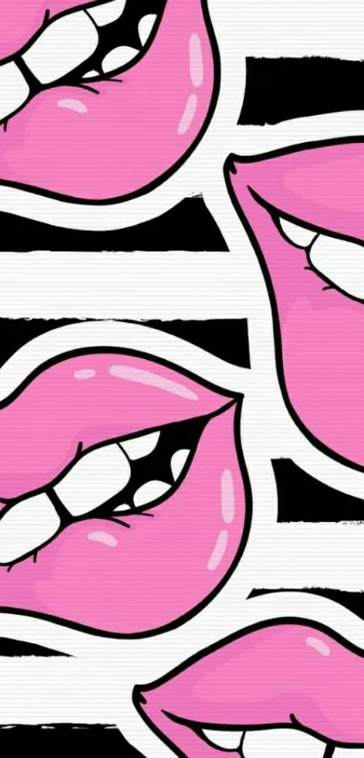 Vibrant pop art wallpaper with pink lips and black stripes.