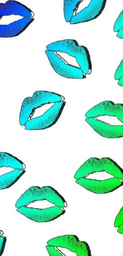 Colorful lips pattern with blue and green shades on a white background.