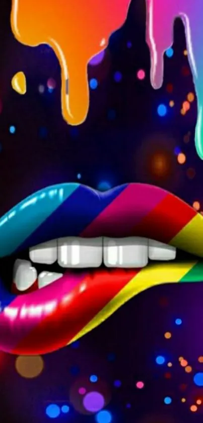 Colorful lips with a psychedelic design and vibrant colors on a dark background.