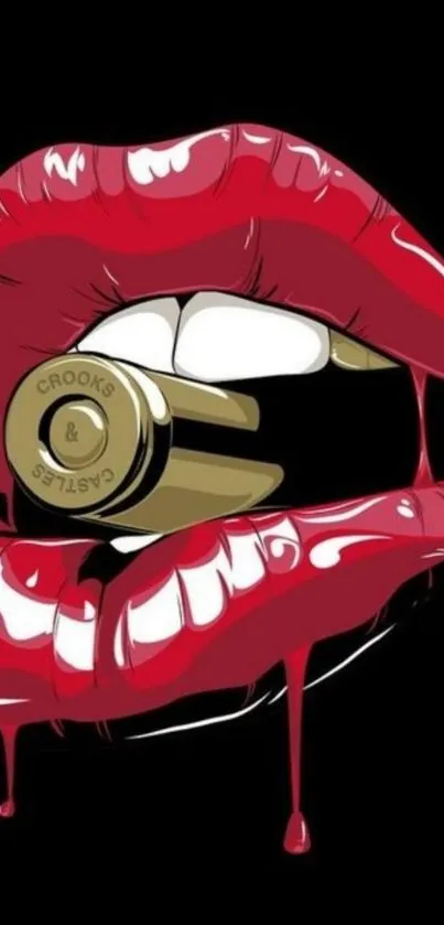 Wallpaper with red lips holding a bullet on a black background.