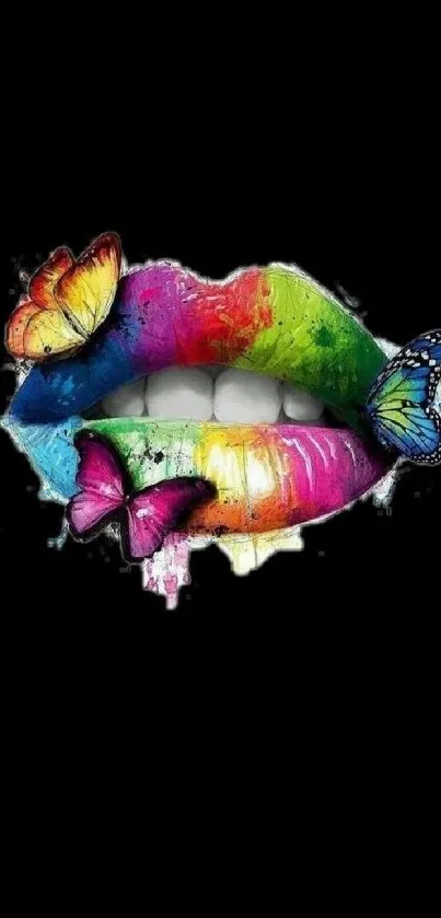 Colorful lips and butterflies against black background.