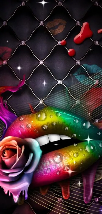 Colorful lips and rose wallpaper on black canvas.