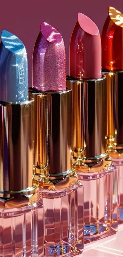 Colorful lipsticks displayed on a pink background with a glossy finish.