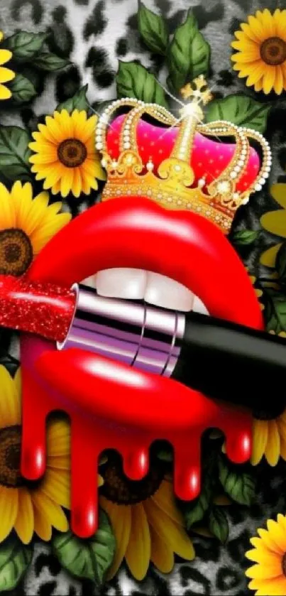 Bold red lips with crown and sunflowers wallpaper.