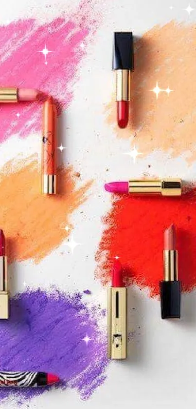 Colorful lipstick strokes art wallpaper on white background.