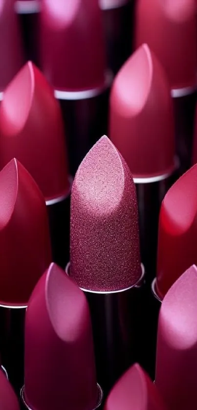 Close-up of vibrant pink lipstick collection, perfect for mobile wallpaper.